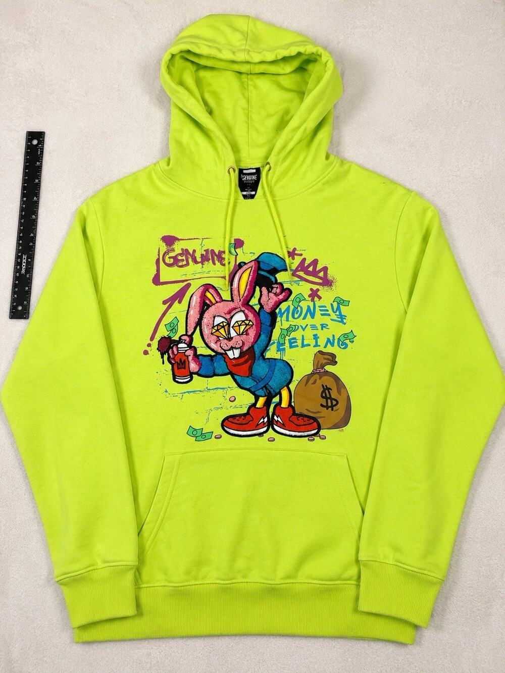 Genuine Authentic Garments Men’s Large Neon Graphic Hoodie Money Bunny Pullover
